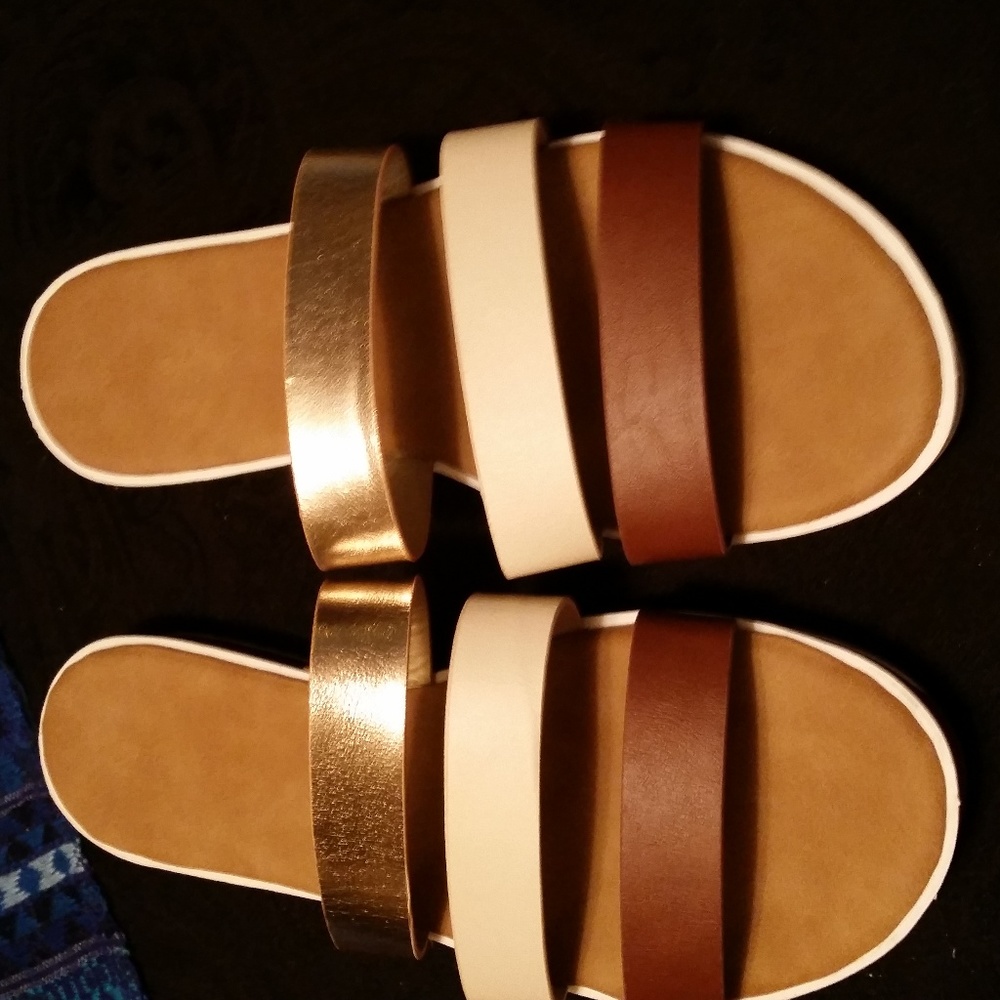Bamboo Brown, Gold and Tan Slides New,  8 1/2